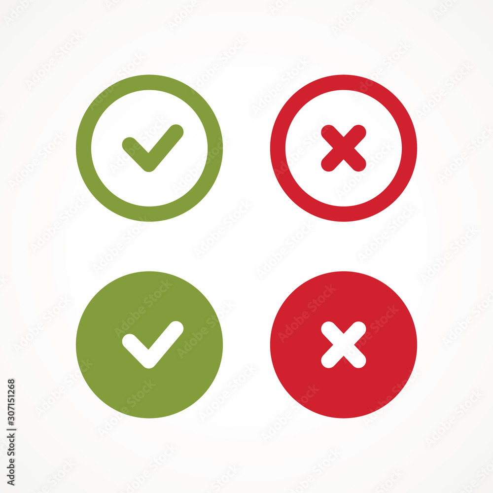 Poster tick and cross signs. green checkmark ok and red x icons, simple marks graphic design. circle symbol