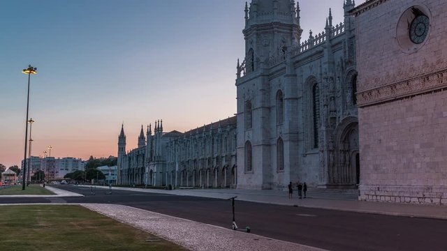 Mosteiro dos Jeronimos day to night transition timelapse (Hieronymites Monastery), located in the Belem district of Lisbon, Portugal. Typical example of the Manueline style. UNESCO World Heritage Site