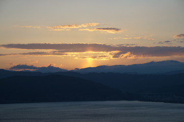 Japan city and lake sunset landscape