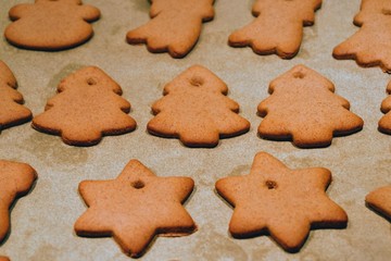 Christmas cookies. Homemade gingerbread cookies in various shapes  on the baking tray. Cookies freshly made at home, golden browned colored cookies before decorating with icing