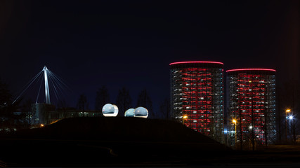 Wolfsburg illuminated buildings and interesting seats in december night