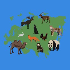  set of vector illustrations of animals on a map of eurasia