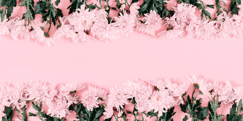 Beautiful flowers composition. Pink flowers on pink background. Valentines Day, Easter, Happy...