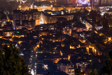 Tbilisi, Georgia A scenic view at night of the old city.