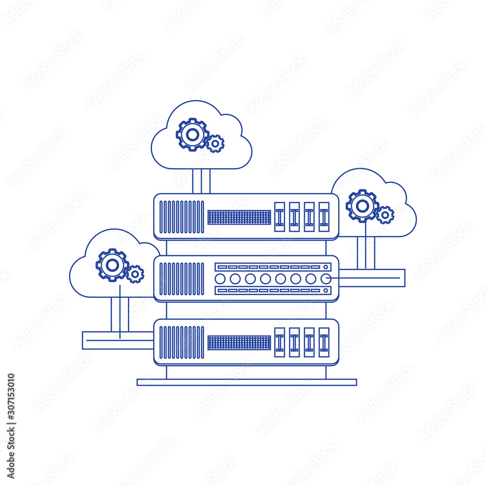 Poster data center and server room with three server unit. concept of line icon