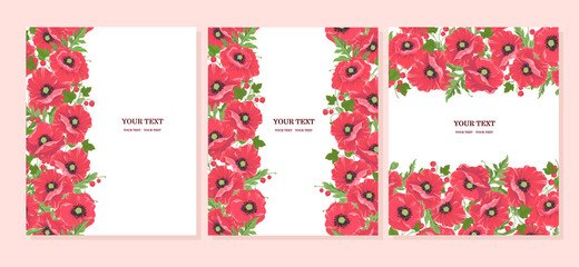 Floral design of vector border frame on white background and place for text. Red poppy flowers with berries.