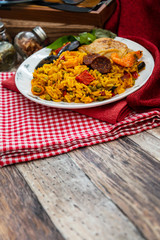 Prawn with rice - closeup of prawn with rice - traditionnal spanish food paella