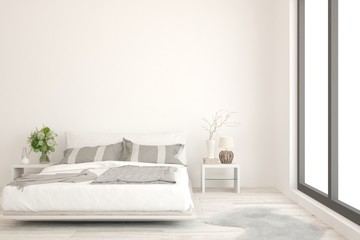 Stylish bedroom in white color. Scandinavian interior design. 3D illustration