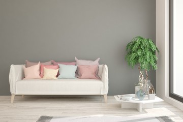 Colorful room with white sofa. Scandinavian interior design. 3D illustration