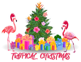 Christmas tree made of tropical monstera leaves, avocado, gifts under the tree and fireworks. New Year celebration concept, banner, postcard, creative.