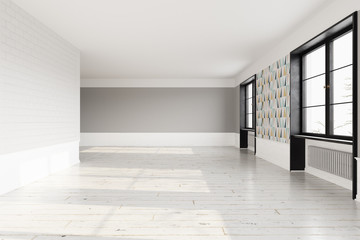 Empty Scandinavian interior with light wooden floor and light grey walls