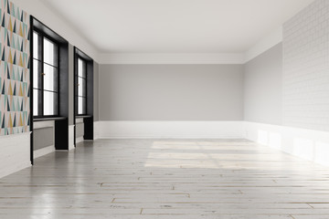 Empty Scandinavian interior with light wooden floor and light grey walls