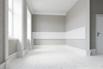 Empty Scandinavian interior with white wooden floor and medium grey walls