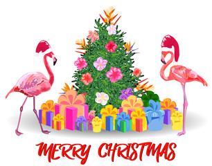 Christmas tree made of tropical monstera leaves, avocado, gifts under the tree and fireworks. New Year celebration concept, banner, postcard, creative.