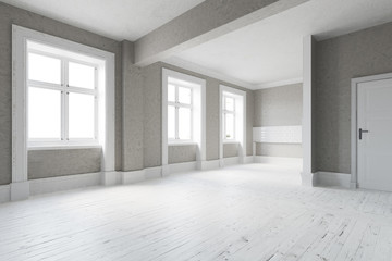 Empty Scandinavian interior with white wooden floor and medium grey walls