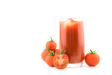Red fresh tomatoes juice isolated on white background