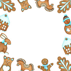 Gingerbread in vintage style. Square frame. Christmas card. Christmas gingerbread. A pattern of watercolor illustration. Vintage holiday decor. White background.
