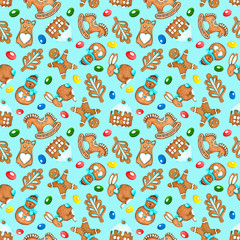 Watercolor pattern with colorful gingerbread. Christmas gingerbread. Watercolor print on a blue background. Design template. New year background, new year template. Christmas Wallpaper.