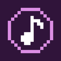 Pixel icon of sound vector, isolated note in circle 8 bit retro game graphics, regulation of music level, navigation button in gaming process flat style