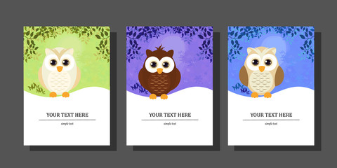 Vector set flat cartoon cute Owl in the forest, forest landscape, with space for your text.