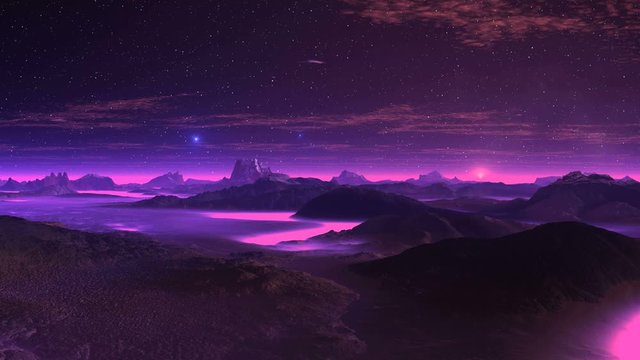 Gloomy Planet and the UFOs. Mountains, rivers, horizon are covered with dense lilac fog. Bright blue objects (ufos) fly over the landscape. The dark starry sky floating clouds. Bright sun rises.