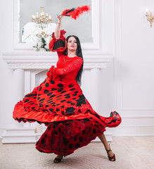 attractive female dancer with fan performing flamenco