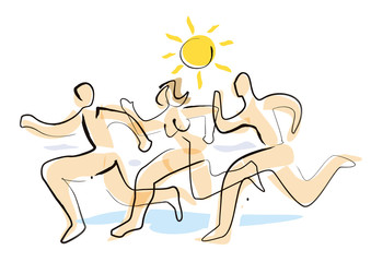 Nudists, Three running naked people. Stylized expressive illustration of two men and woman running on beach in summer. Vector available.