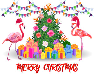 Christmas tree made of tropical monstera leaves, avocado, gifts under the tree and fireworks. New Year celebration concept, banner, postcard