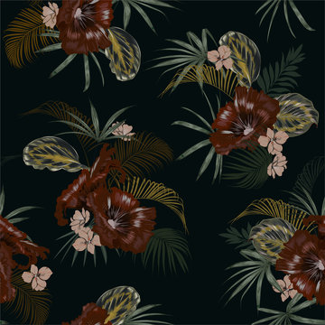 Beautiful vintage dark tropical with full blooming and exotic plants at night seamless pattern vector design for fashion ,fabric, web,wallpaper and all graphic type