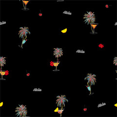 Vector seamless pattern with colorful palmtree,cocktail and fruits with wording Aloha.