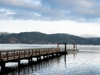 Naklejka premium Cloudy morning on Hood Canal with birds and a Marina