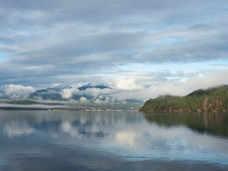Cloudy morning on Hood Canal with birds and a Marina