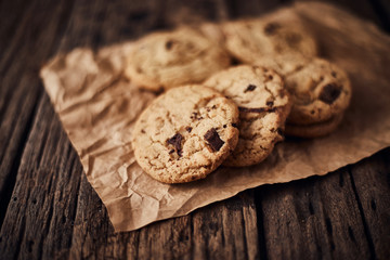 Chocolate chip cookies, Sweet biscuits, Concept for a tasty snack.