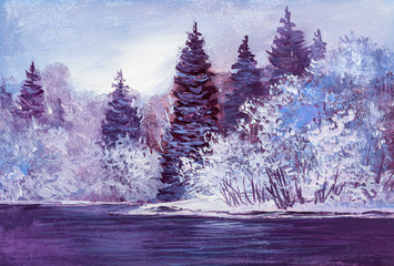 Original oil painting of a winter landscape. Christmas forest with river