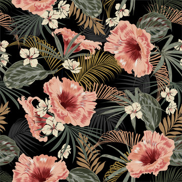 Dark tropical forest at night seamless pattern wallpaper vintage mood leaves of palm trees and exotic of flowers design for fashion,fabric,web,wallpeper,and all prints