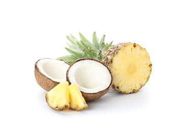 Pineapple and coconut isolated on white background