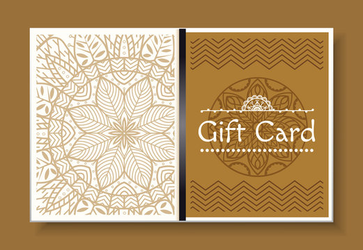 Festive gift card with mandala isolated on brown. Greeting postcard with repeated decorative design, geometric waves on paper. Template of shopping certificate. Vector illustration in flat style