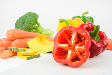 Carrots, pumpkin,Broccoli,sweet pepper, bell pepper on white background
