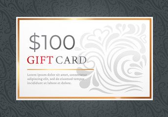 One hundred dollar gift card isolated on black background. Template of paper voucher with text and ornament. Decorated present certificate on 100 bucks for shopping. Vector illustration in flat style