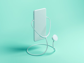 Doctor online concept. Phone screen using stethoscope checks health. Online medical clinic communication with patient. Minimal health concept. Flat lay. 3d illustration isometric.