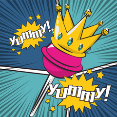 poster pop art style with queen crown and lollipop