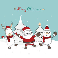 Christmas greeting card design background with santa claus, cute character snowman and cute baby reindeer with santa costume. Hand drawn cartoon style. Vector illustration.