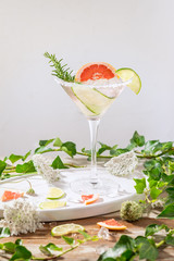 Summer fresh alcohol drink. Grapefruit, slices rosemary cocktail, slice of lime, ice cubes on a natural wooden surface, Outdoor. Copy space. Life style,