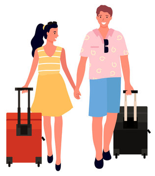 Couple of tourists with suitcases on wheels holding hands. Man and woman in summer cloth going on vacation together. happy young travelers vector