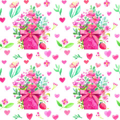 valentines day gift box flowers Pattern hearts love illustration seamless