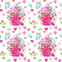 valentines day gift box flowers Pattern hearts love illustration seamless
