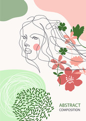 Female face drawn in one line. Silhouettes of flowers. Fashion concept.