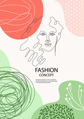 Female face drawn in one line. Silhouettes of flowers. Fashion concept.