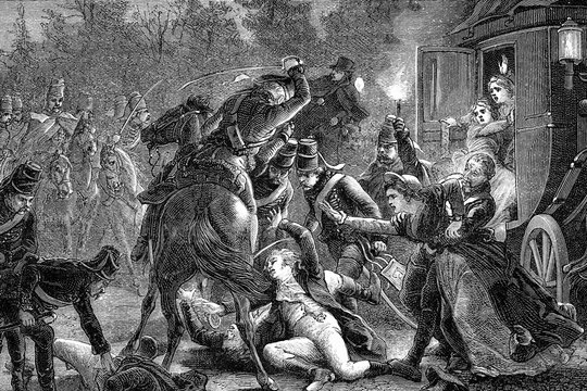 Assassination of the French plenipotentiaries. Rastadt, 28th April 1799. French revolutionary wars. Antique illustration. 1890.