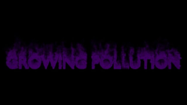Animated smoldering or engulf in purple smoke or gas all caps text Growing Pollution. Isolated and against black background, mask included.